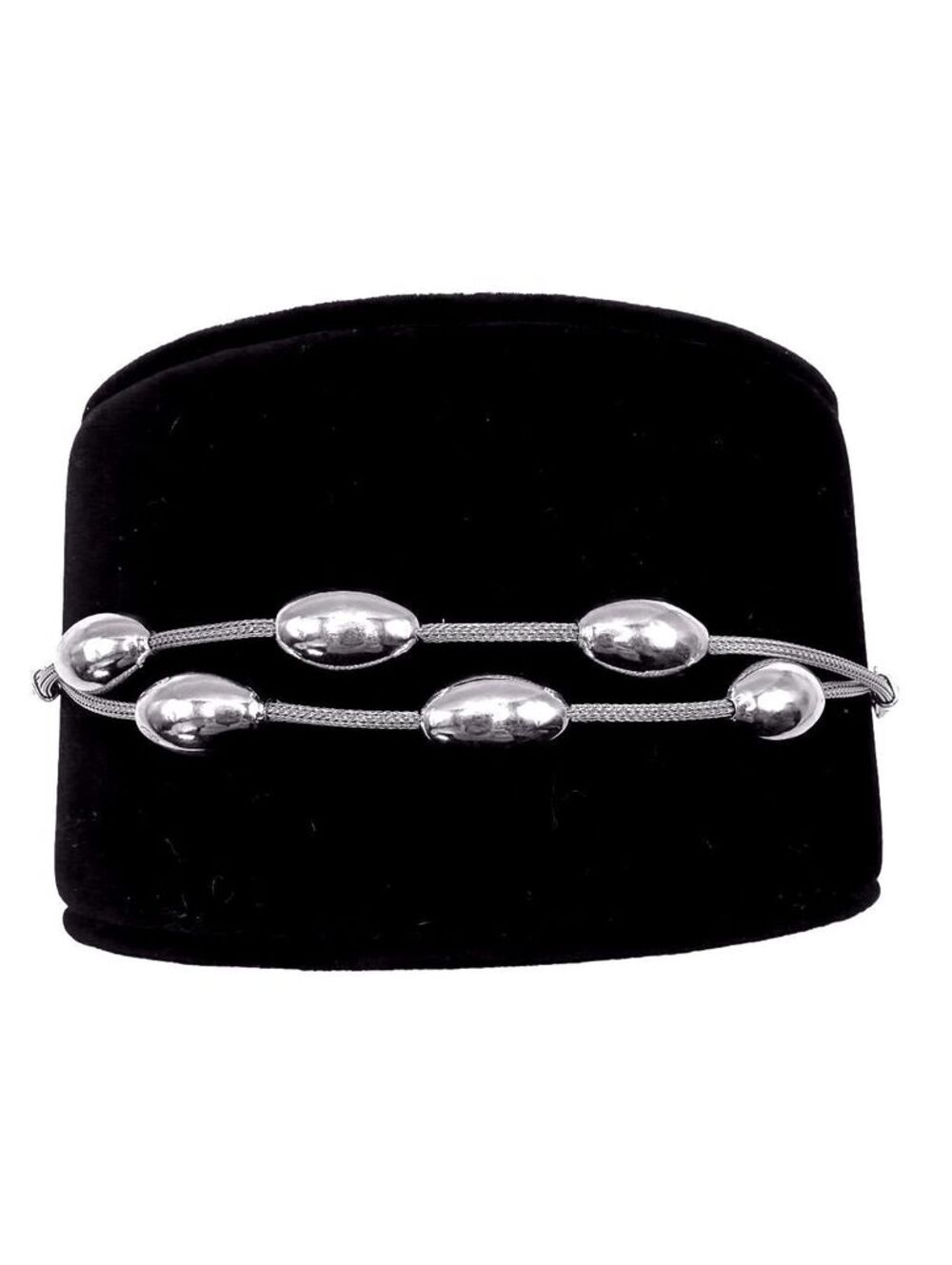 Sterling Silver Italian Woven Foxtail Chain Bracelet with Puffed Oval Beads